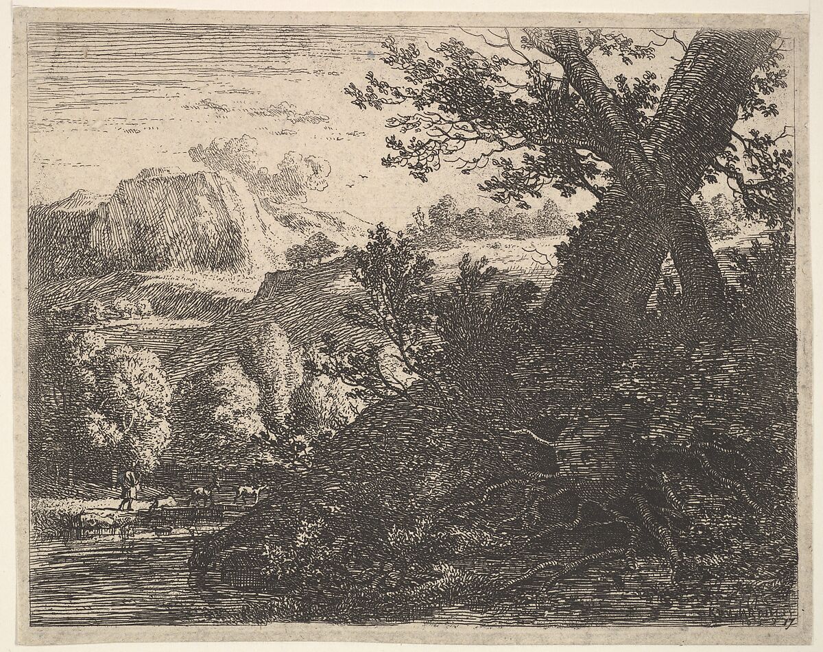 Tree with roots laid bare alongside a stream, a hilly landscape and a man walking behind quadrupeds beyond, Karel Dujardin (Dutch, Amsterdam 1622–1678 Venice), Etching 