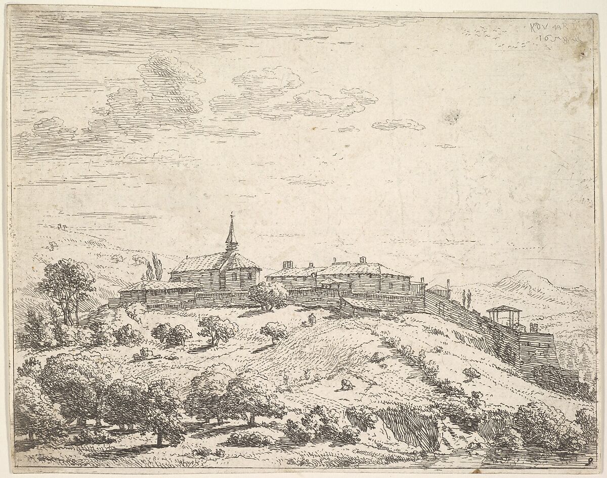 Walled village on a hill, with church at left and buildings constructed on the downslope at right, trees and hillside in the foreground, Karel Dujardin (Dutch, Amsterdam 1622–1678 Venice), Etching 