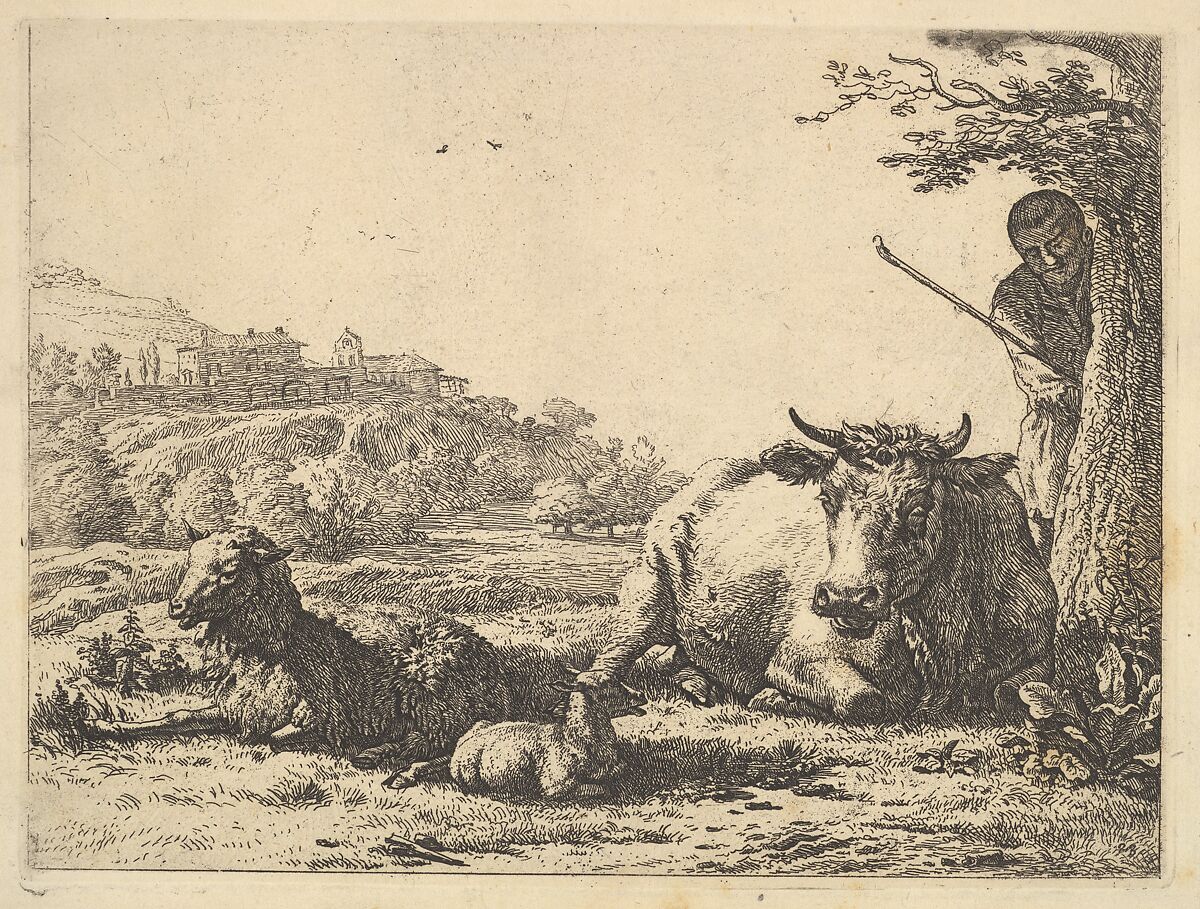 Cow, adult sheep, and young sheep lying in the grass; beyond, a shepherd stands partially behind a tree, Karel Dujardin (Dutch, Amsterdam 1622–1678 Venice), Etching 