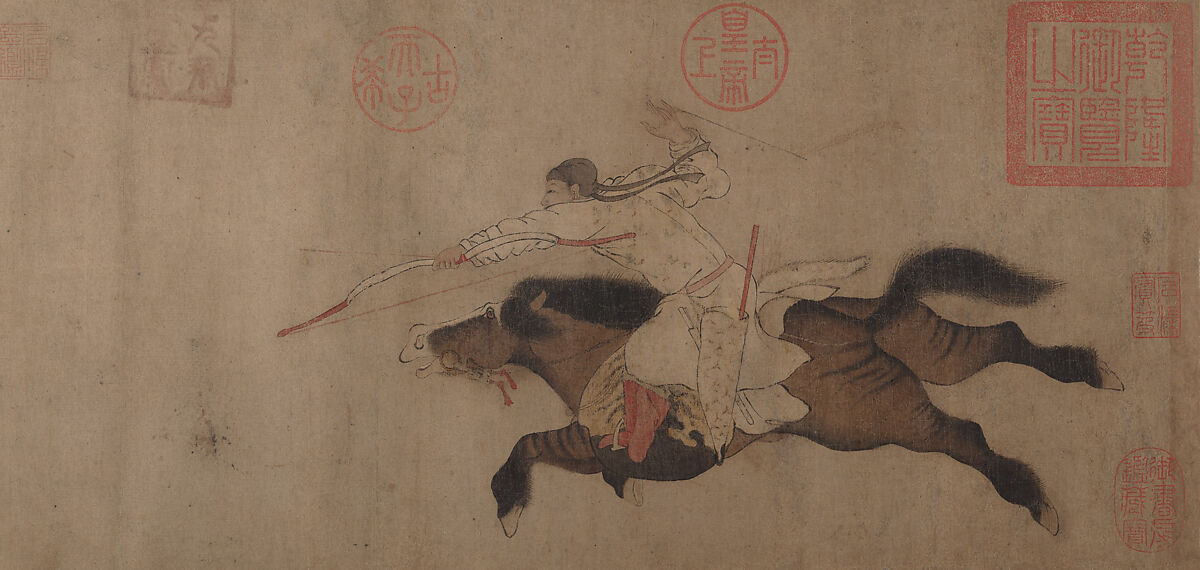 Stag Hunt, Attributed to Huang Zongdao (Chinese, active ca. 1120), Handscroll; ink and color on paper, China 