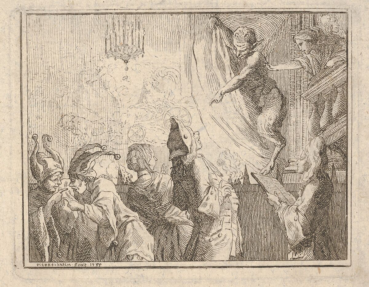 Satyr standing on a stage and pointing downward toward an audience, two jesters gesticulate at lower left, Pierre Hutin (French, Paris 1720–1763 Moscow), Etching 