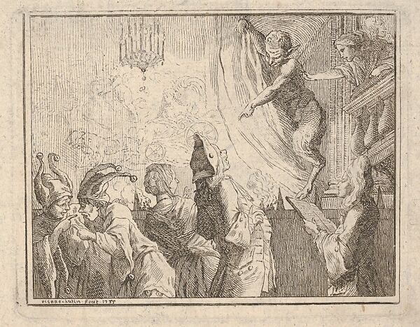 Satyr standing on a stage and pointing downward toward an audience, two jesters gesticulate at lower left