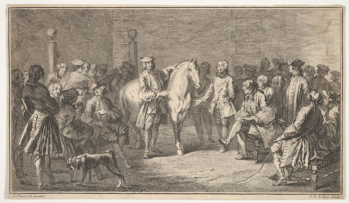 Standing men presenting a horse before a group of seated men, Jacques Philippe Le Bas (French, Paris 1707–1783 Paris), Etching with engraving 