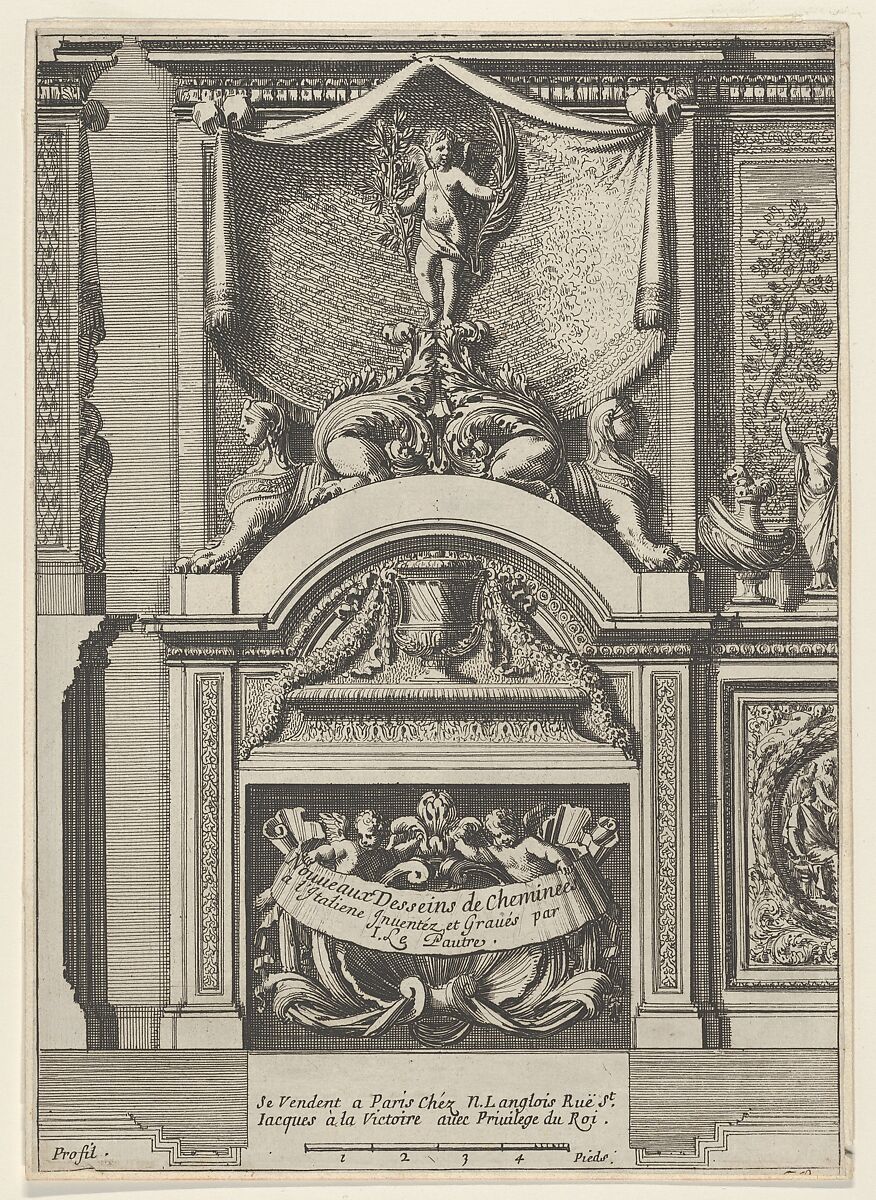 Design for a Fireplace Surmounted by Sphyxes and Cupid, Title Page from: Nouveaux dessins de cheminées à l'italienne, Jean Le Pautre (French, Paris 1618–1682 Paris), Etching; first edition 