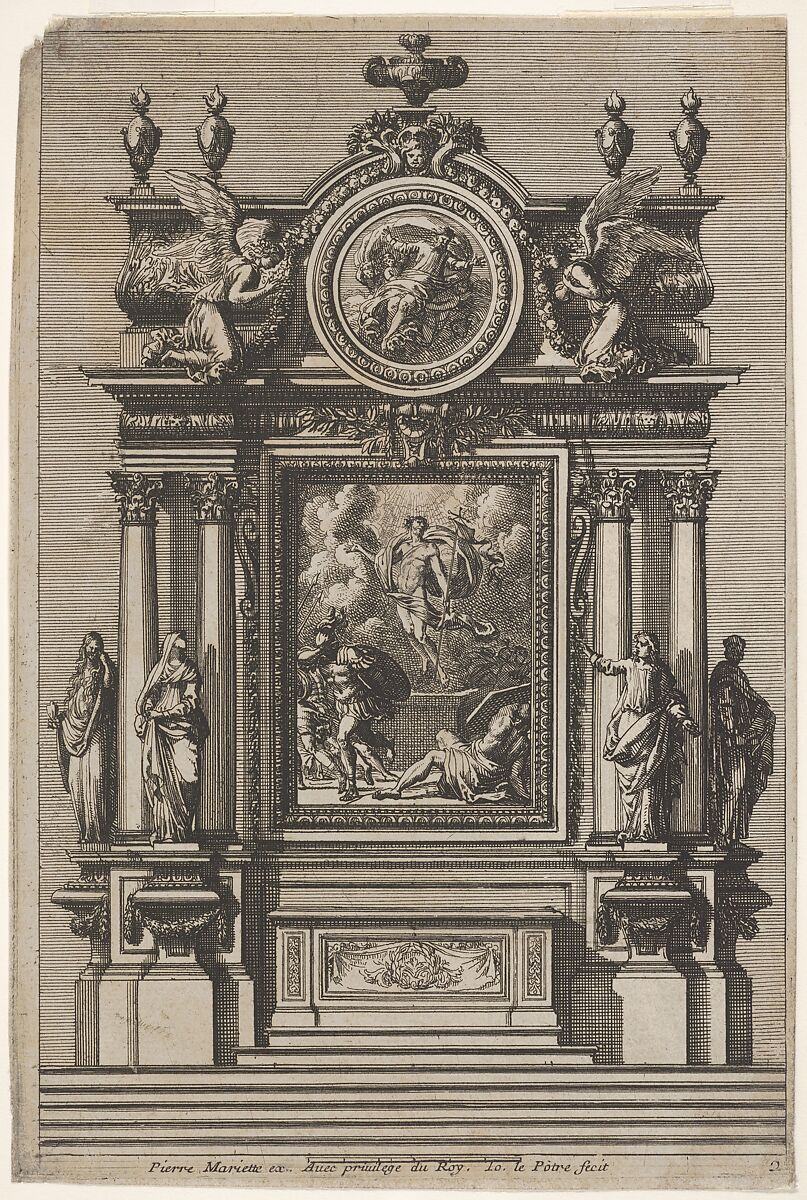 Altar with the Resurrection of Christ, plate 2 from: Nouveaux dessins d'autels à la romaine, Jean Le Pautre (French, Paris 1618–1682 Paris), Etching; first edition 