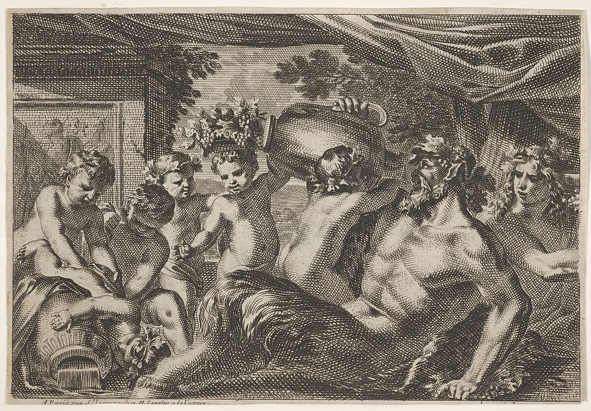 Design for a Panel with a Satyr Drinking from a Vase held up by a Putti, from: Feuillages et autres ornements, Jean Le Pautre (French, Paris 1618–1682 Paris), Etching; second edition published by Nicolas I Langlois 
