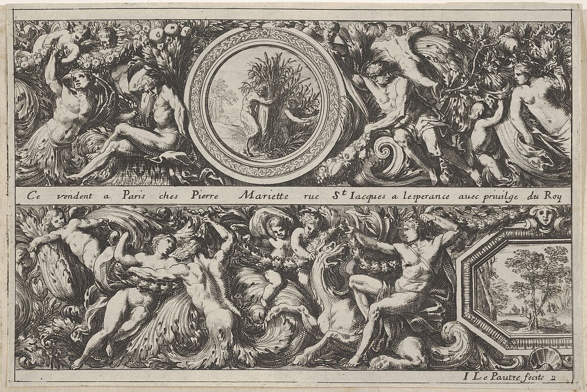 Two Designs for Friezes with Medallions, from: Frises, feuillages ou tritons marins antiques et modernes, Jean Le Pautre (French, Paris 1618–1682 Paris), Etching; first edition 