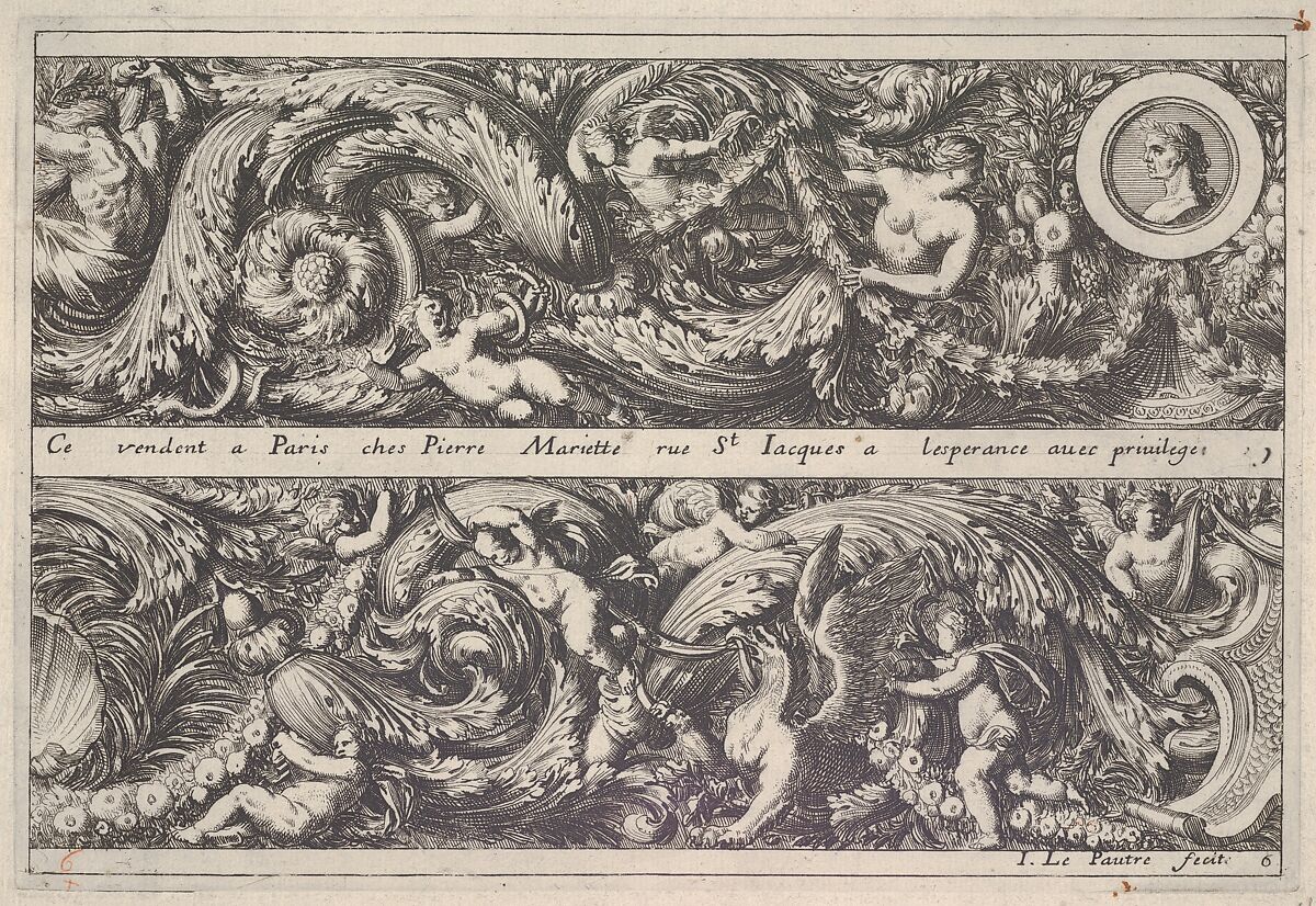 Two Designs for Friezes, of which one with a Round Portrait Medaillon, from: Frises, feuillages ou tritons marins antiques et modernes, Jean Le Pautre (French, Paris 1618–1682 Paris), Etching; first state 