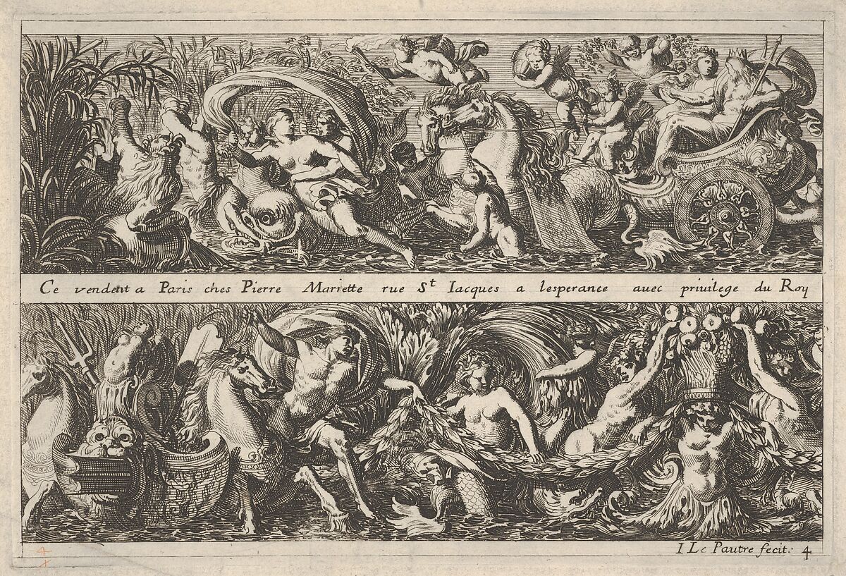 Two Designs for Frieze Decorations with Sea Creatures, of which one with Neptune and Amphitrite, from: Frises, feuillages ou tritons marins antiques et modernes, Jean Le Pautre (French, Paris 1618–1682 Paris), Etching; first edition 