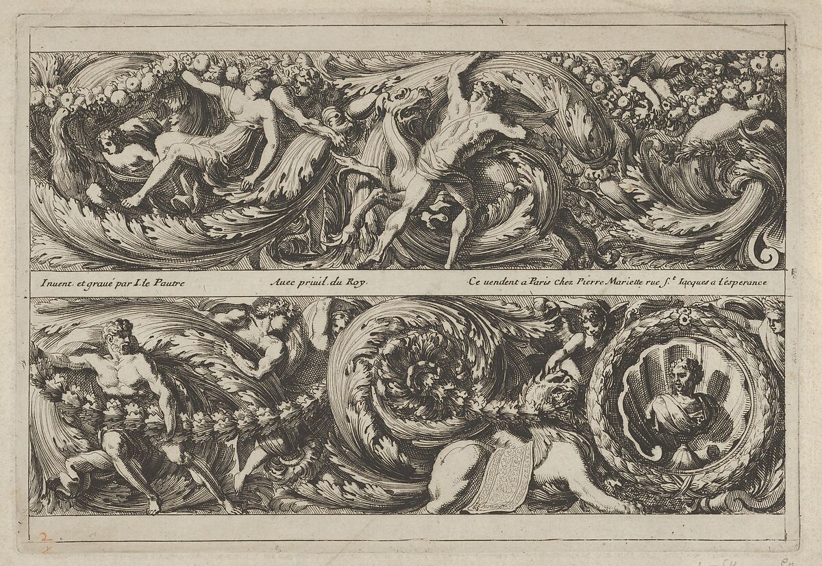 Two Designs for Friezes with Acanthus Scrolls from: Frises, Feuillages ou Tritons Marins à la romaine, Jean Le Pautre (French, Paris 1618–1682 Paris), Etching; first edition 