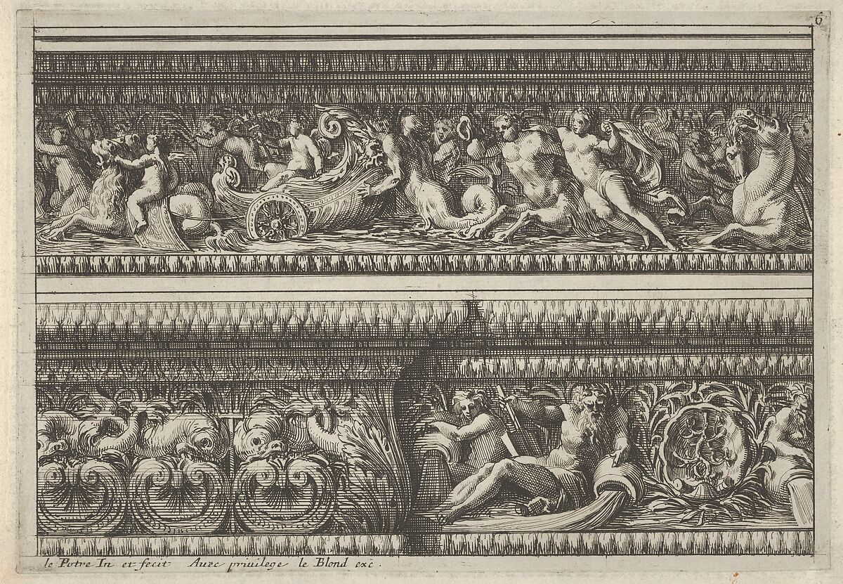 Two decorates Frieze Designs for Cornices, from: Frise pour les architraves, corniches et autres ornaments d'architecture, Jean Le Pautre (French, Paris 1618–1682 Paris), Etching; second edition 