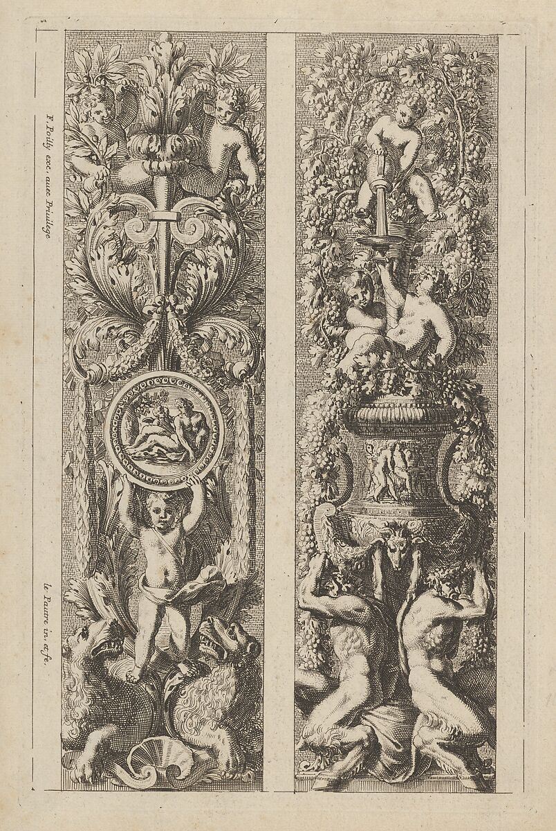Two Designs for Panels with Candelabra Decorations, from: Montants d'ornement, Jean Le Pautre (French, Paris 1618–1682 Paris), Etching 