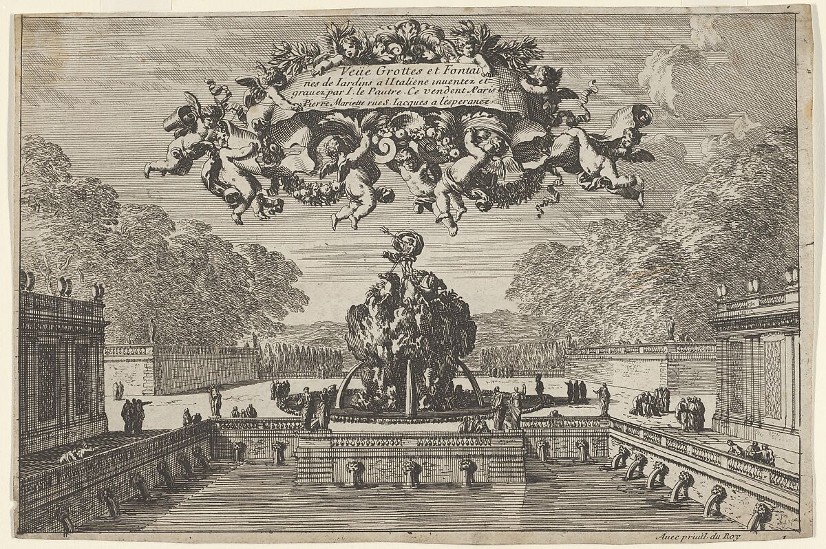 View of a Garden with a Water Basin and Large Fountain, Title Page from: Grottes et fontaines de jardins à l'italienne, Jean Le Pautre (French, Paris 1618–1682 Paris), Etching 