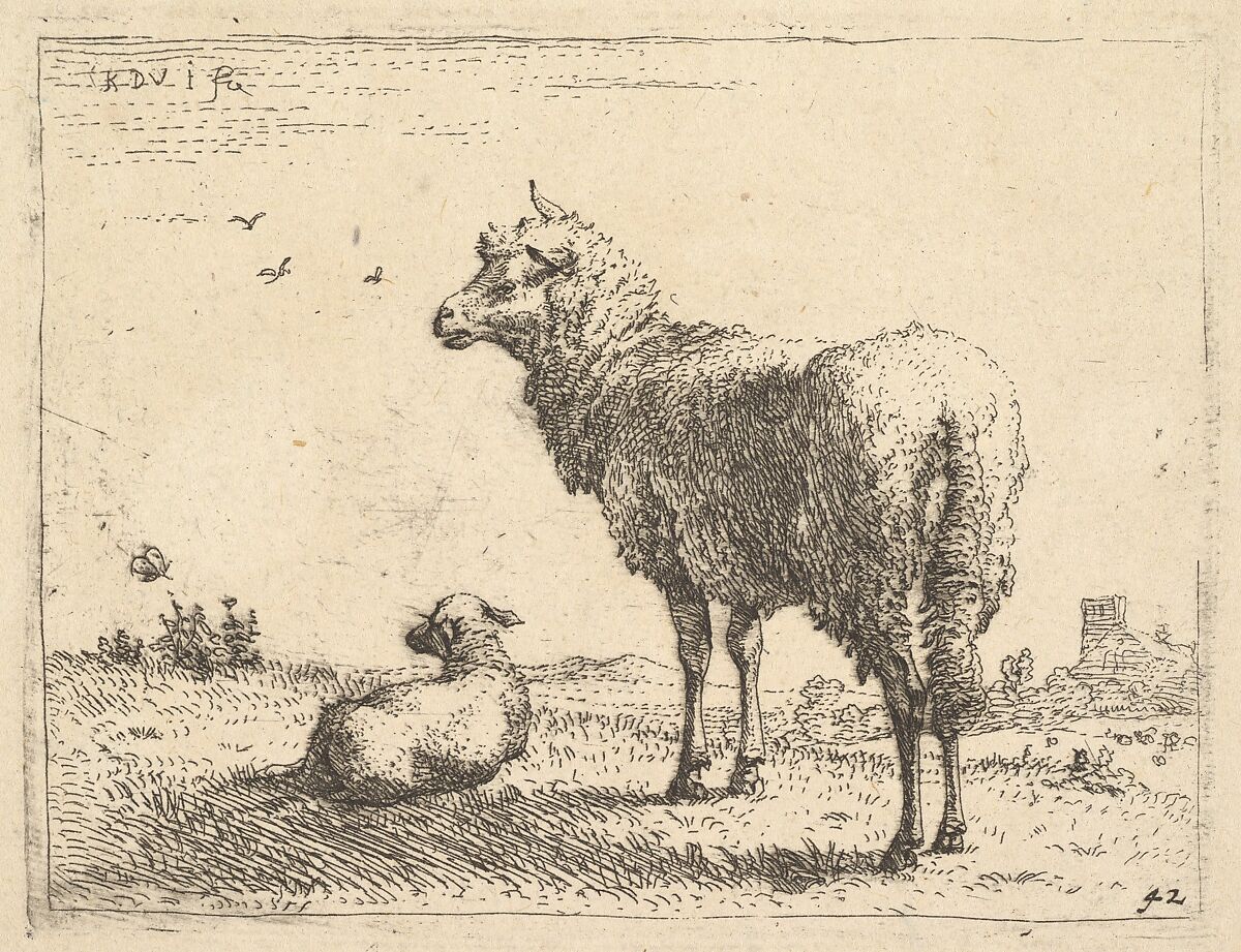 A mature sheep in three-quarters view standing and looking left, beside it a lamb lies on the grass, Karel Dujardin (Dutch, Amsterdam 1622–1678 Venice), Etching 