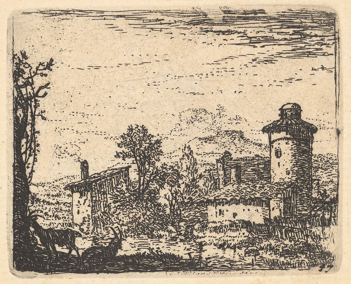 Landscape with two horned goats in shadow at left foreground, village buildings beyond, from the series 'The Small Landscapes', Karel Dujardin (Dutch, Amsterdam 1622–1678 Venice), Etching 