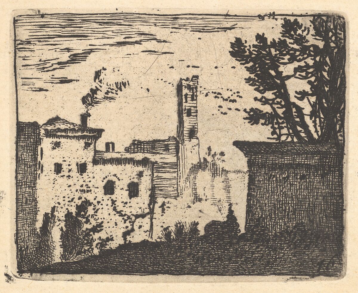 Townscape with wall and foliage in shadow in right foreground, buildings with smoking chimney and square tower beyond, from the series 'The Small Landscapes', Karel Dujardin (Dutch, Amsterdam 1622–1678 Venice), Etching 
