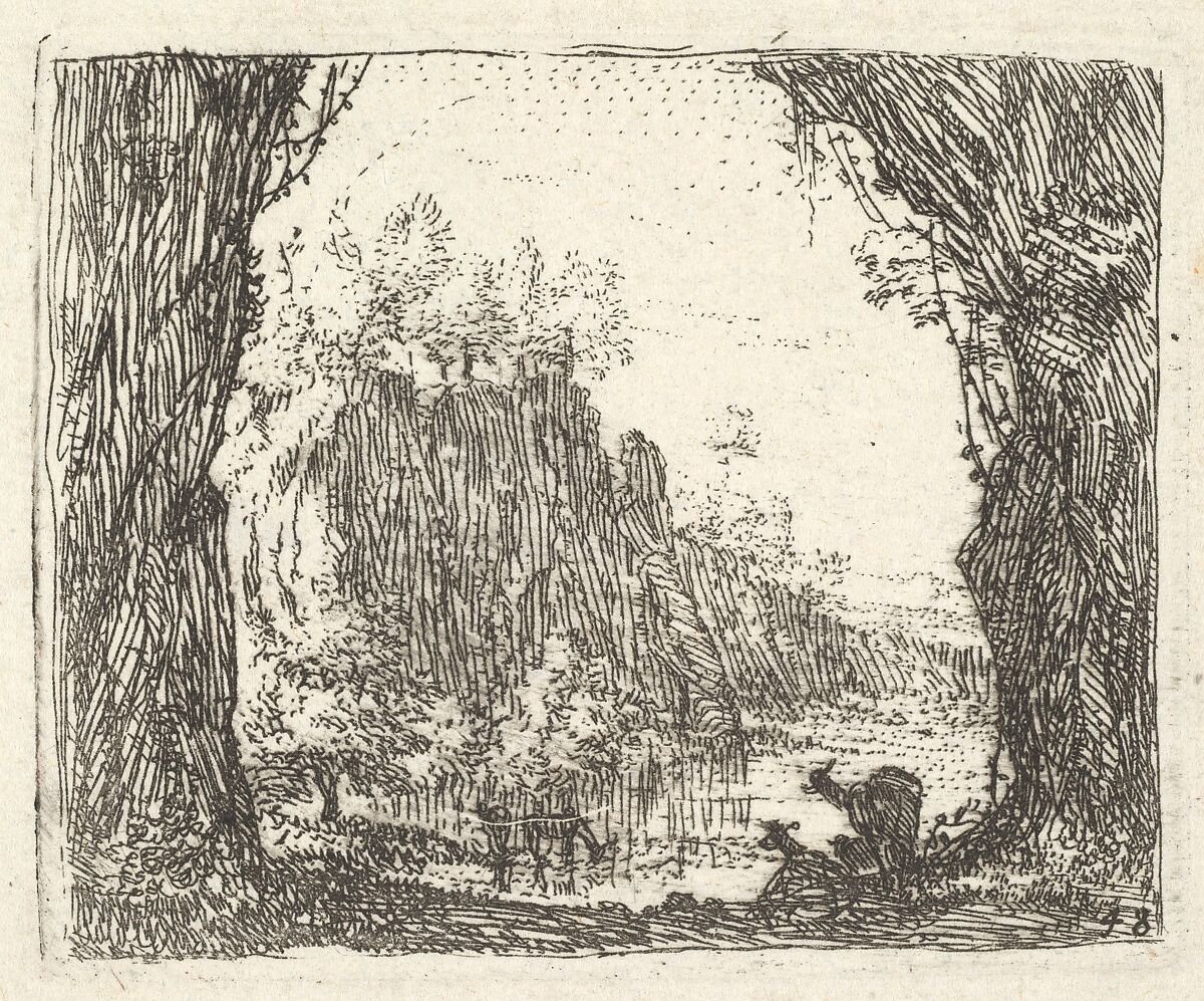 Landscape flanked by trees in the left and right foreground, silhouettes of two goats, a river with cliffs beyond, from 'The Small Landscapes', Karel Dujardin (Dutch, Amsterdam 1622–1678 Venice), Etching 