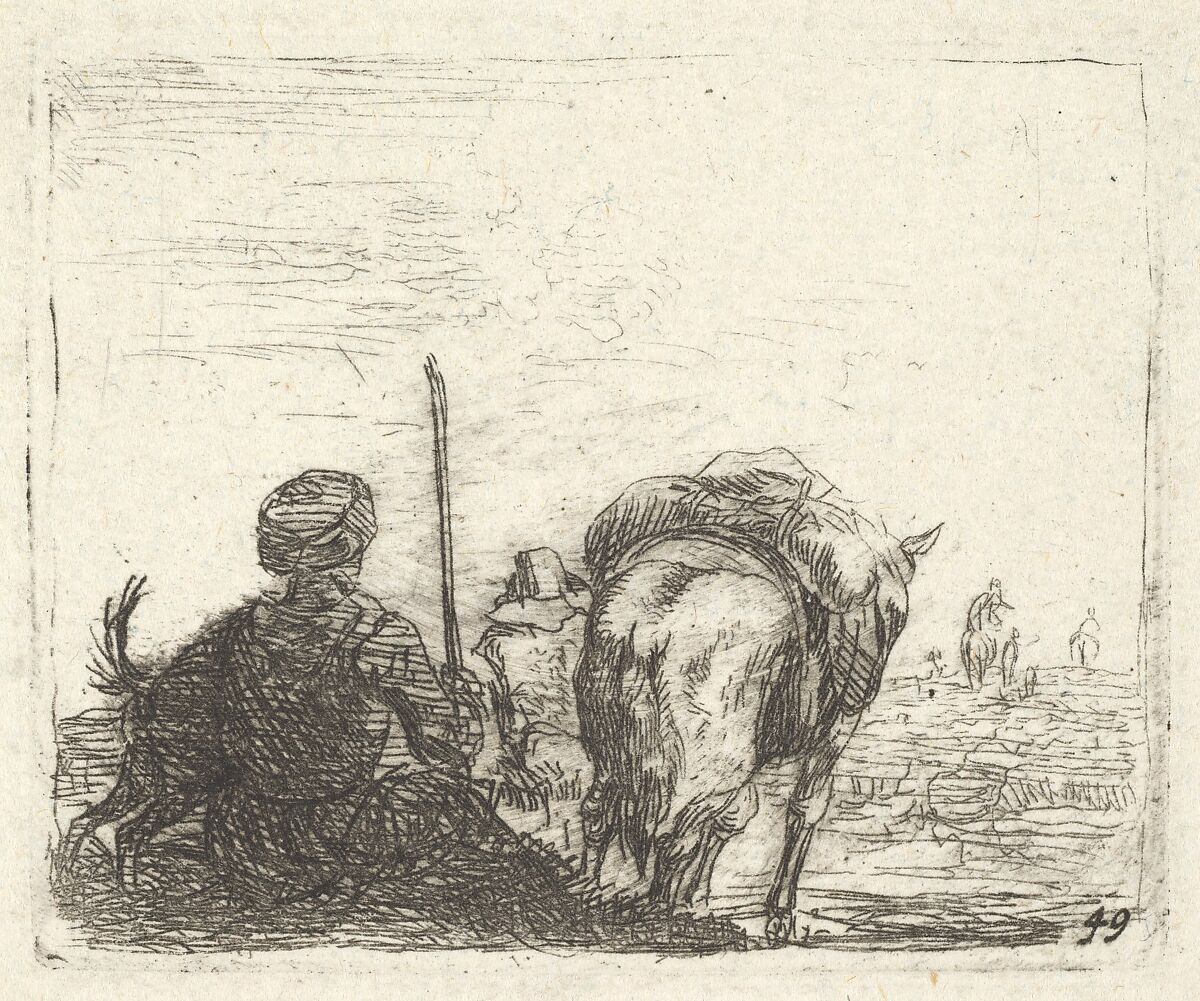 Pack-horse, seated man with staff in right hand, and dog, all viewed from the rear, from the series 'The Small Landscapes', Karel Dujardin (Dutch, Amsterdam 1622–1678 Venice), Etching 