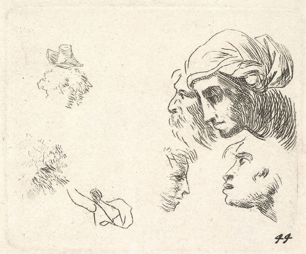 Study of heads in profile view, a woman with headcloth and bearded man whose heads overlap above, two facing profiles below, Karel Dujardin (Dutch, Amsterdam 1622–1678 Venice), Etching 