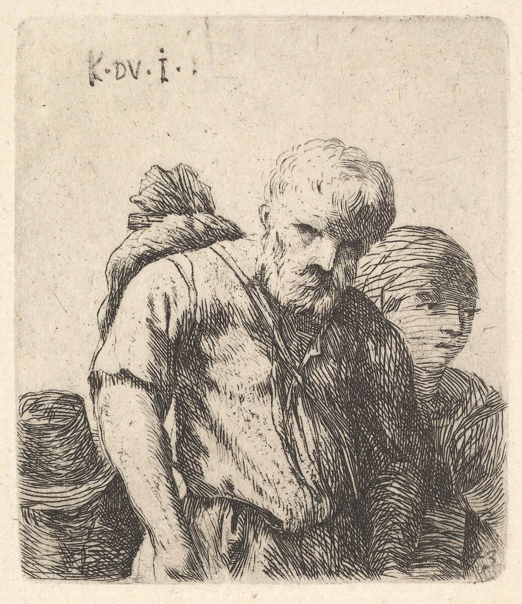 Bearded man shown in half-length with bundle slung over right shoulderblade, flanked by a woman shown in half-length and a man wearing a tall hat in lower left corner, Karel Dujardin (Dutch, Amsterdam 1622–1678 Venice), Etching 
