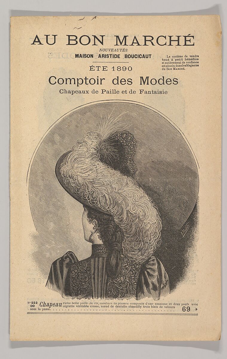 Au Bon Marché-Comptoir des Modes, Chapeaux de Paille de Fantaisie, Éte 1890, Wood engraving 