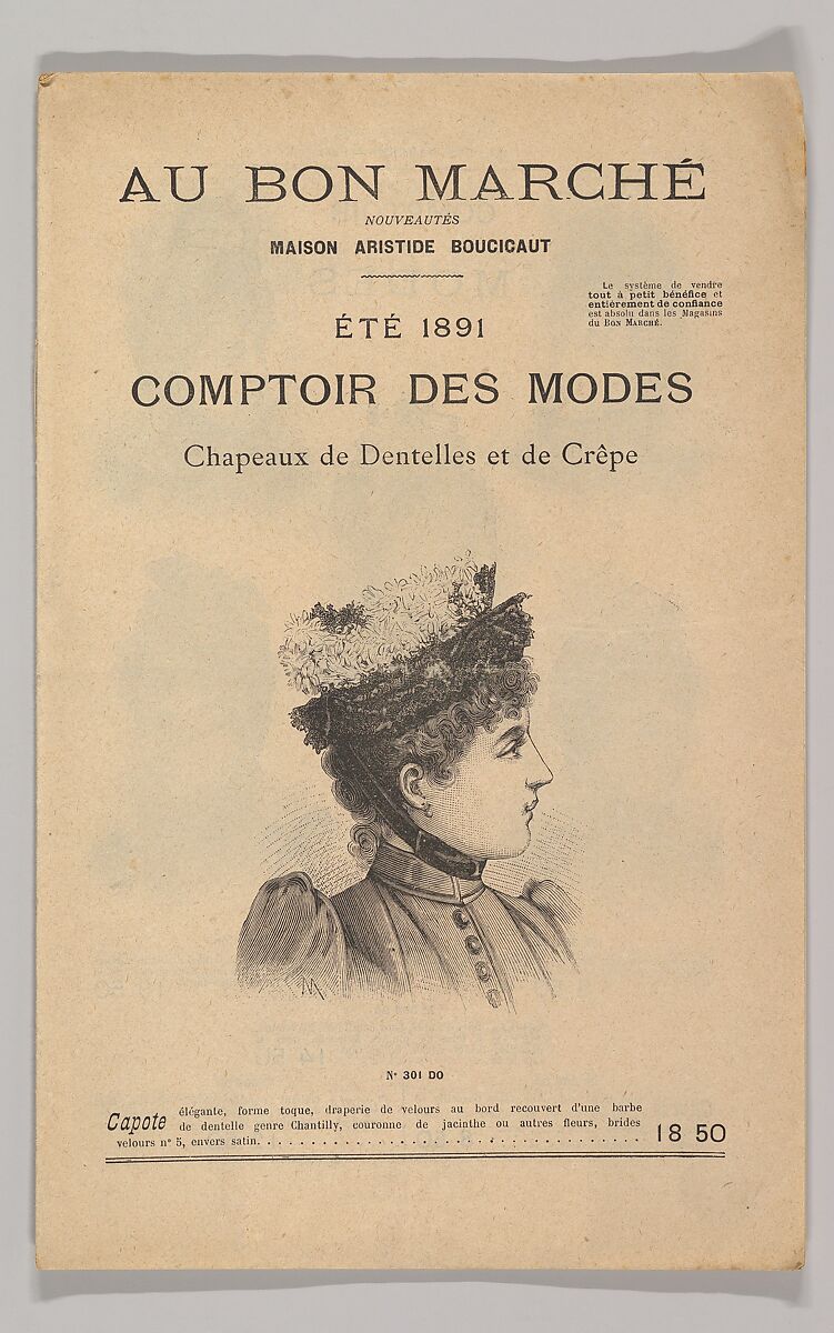 Au Bon Marché-Comptoir des Modes, Chapeaux de Dentelles et de Crêpe, Été 1891, Wood engraving 