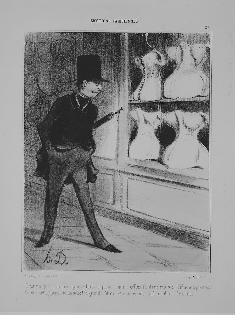 C'est Unique! J'ai Pris Quatre Tailles..., from Émotions Parisiennes, published in Le Charivari, February 7, 1840, Honoré Daumier (French, Marseilles 1808–1879 Valmondois), Colored lithograph; second state of two (Delteil)