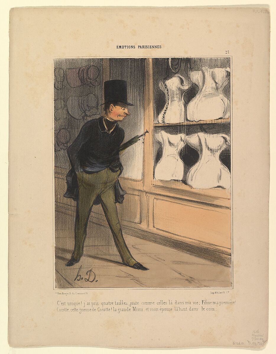 C'est Unique! J'ai Pris Quatre Tailles..., from Émotions Parisiennes, published in Le Charivari, February 7, 1840, Honoré Daumier (French, Marseilles 1808–1879 Valmondois), Colored lithograph; second state of two (Delteil) 