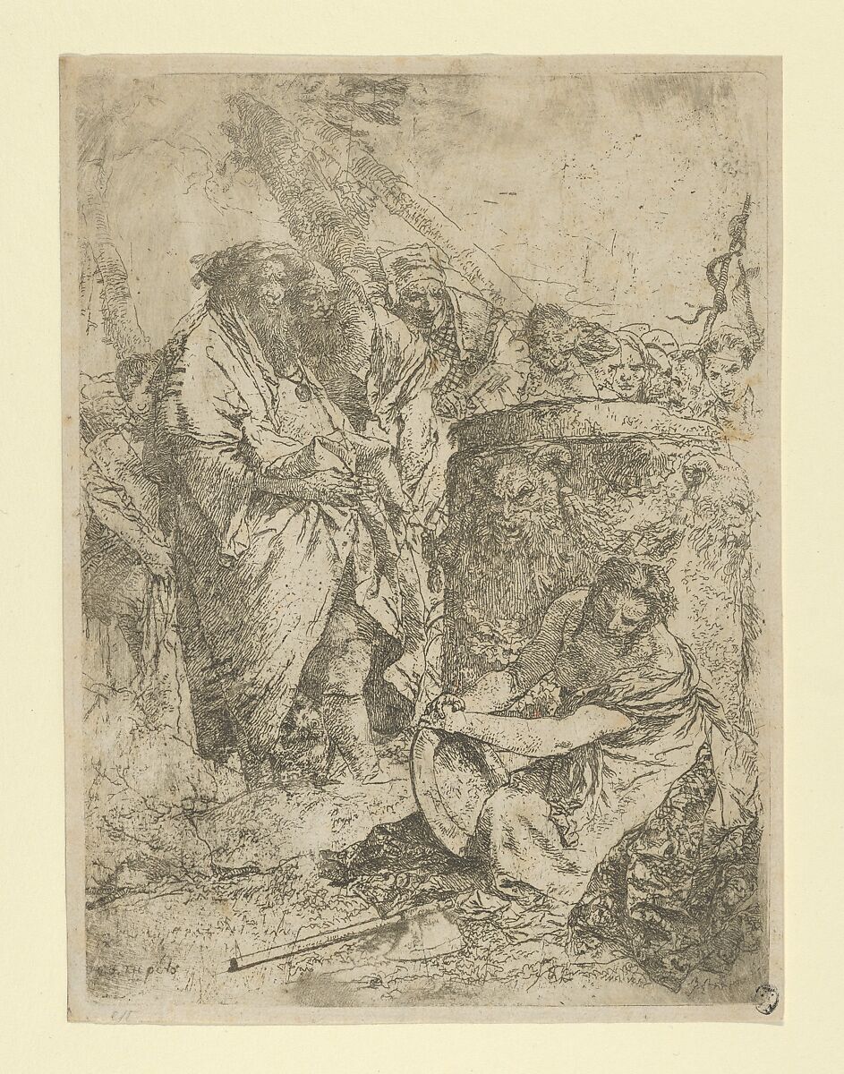 Woman kneeling in front of Magicians and other Figures, from the Scherzi, Giovanni Battista Tiepolo (Italian, Venice 1696–1770 Madrid), Etching 