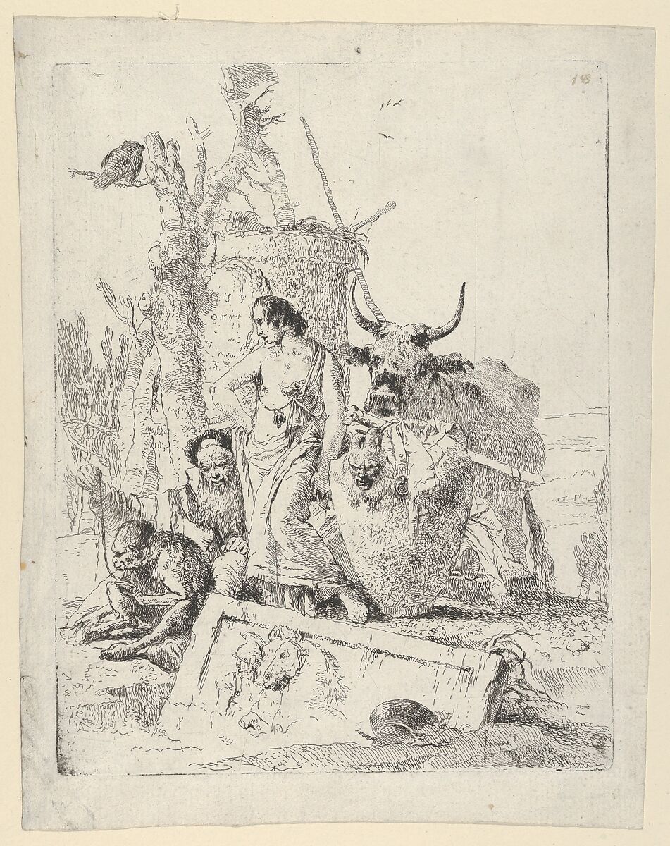 Young Shepherdess and old man with a Monkey, from the Scherzi, Giovanni Battista Tiepolo (Italian, Venice 1696–1770 Madrid), Etching 