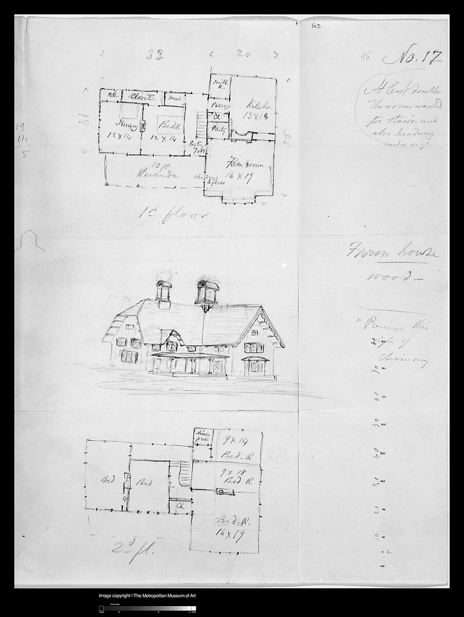 Design for Bracketed American Farm House, Design XVII from The Architecture of Country Houses, Alexander Jackson Davis (American, New York 1803–1892 West Orange, New Jersey), Graphite 