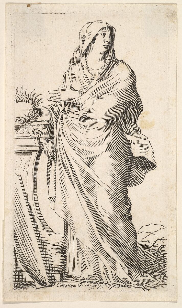 Robed woman standing next to a plinth, her right hand bears a palm branch, a harp rests against the plinth, Claude Mellan (French, Abbeville 1598–1688 Paris), Engraving 