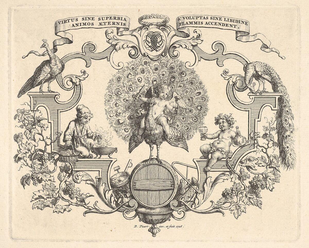 Epithalamium, at center a winged putto seated on a peacock standing on a barrel, at left a figure in fur-lined hat and outercoat holds a piece of wood over a brazier, at right a figure dressed in an ivy crown holds a goblet in one hand and a bottle in the other, surrounded by scrollwork and grapevines, Bernard Picart (French, Paris 1673–1733 Amsterdam), Etching 