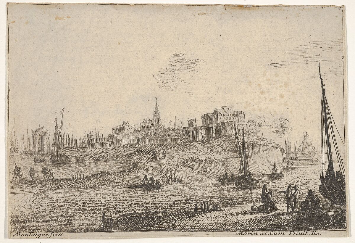 View of a peninsula with figures and ships with bare masts, in the right foreground five figures congregate around two barrels, town buildings beyond, Matthijs van Plattenberg (Flemish, Antwerp ca. 1608–1660 Paris), Etching 