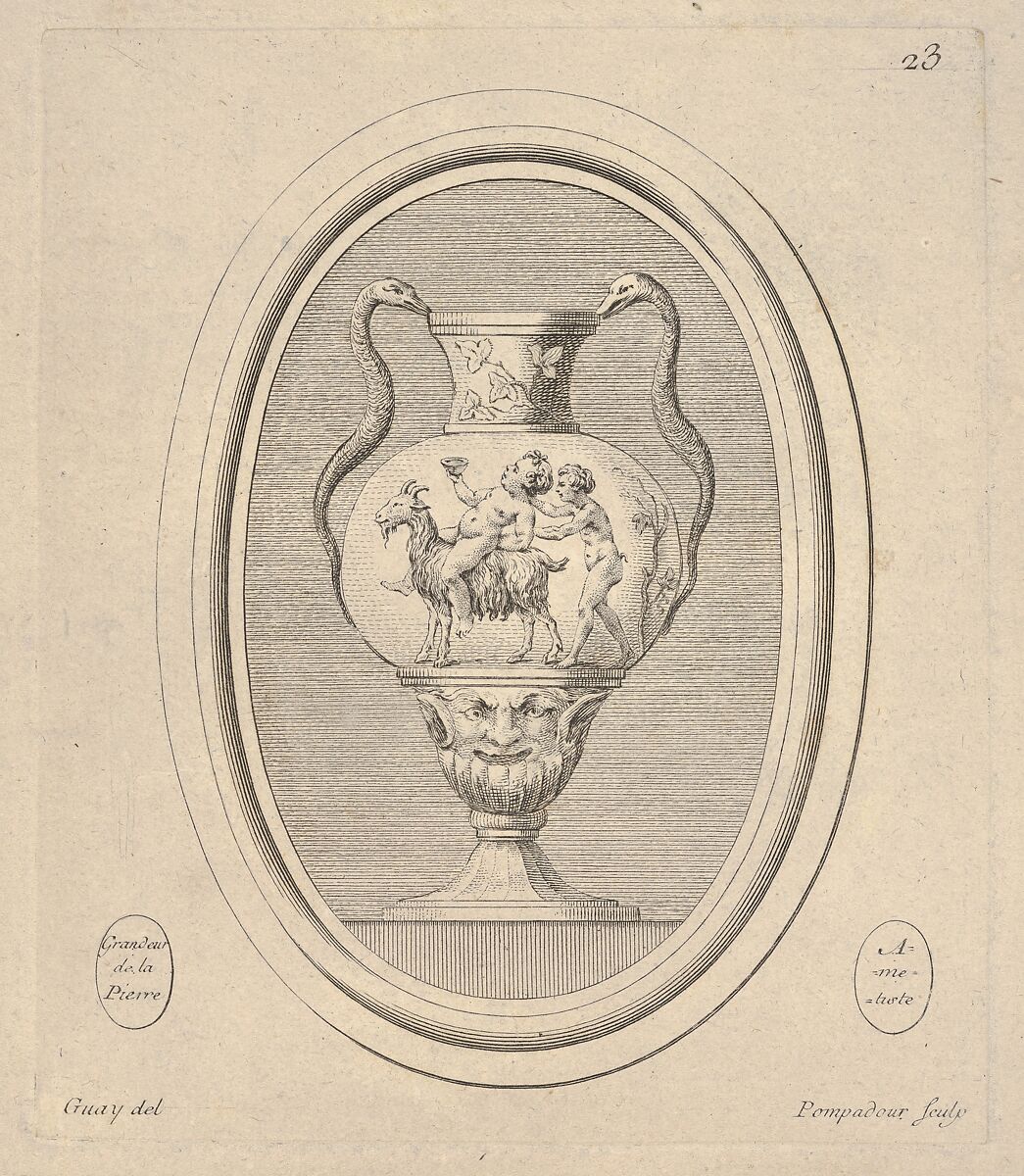 Vase with mask, a nude cup-bearing figure riding a goat followed by a satyr, and reptile handles, an oval composition, Madame la Marquise de Pompadour (French, Paris 1721–1764 Versailles), Etching 