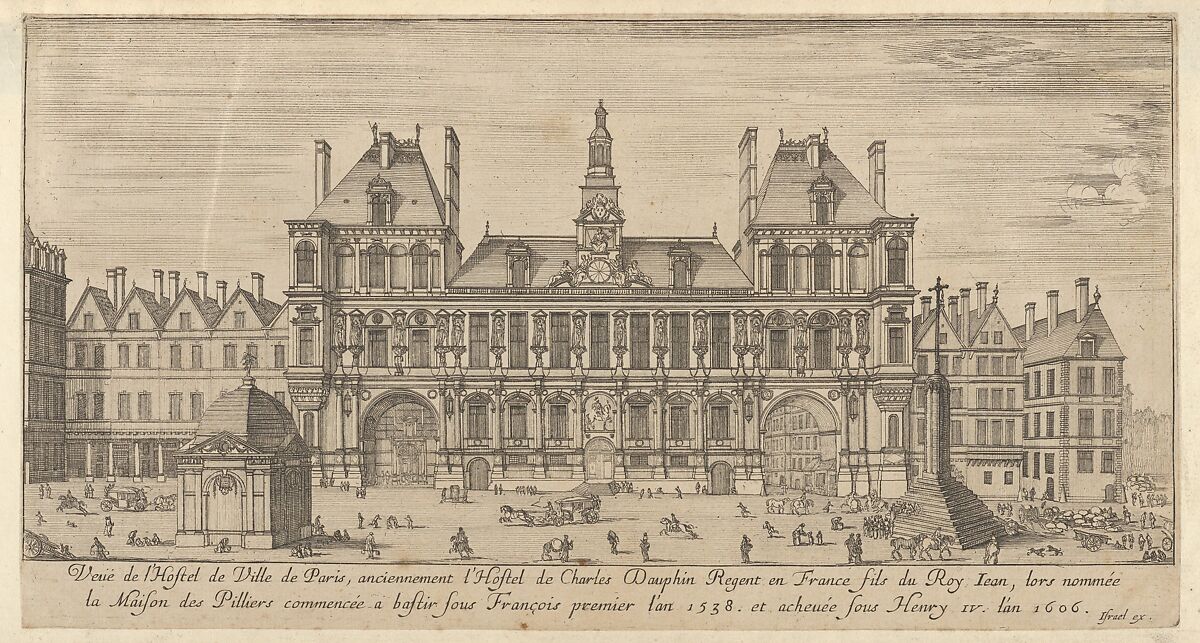 View of the facade of the Hôtel de Ville, Paris, in the foreground a cross on a stepped platform and a freestanding domed building, Israel Silvestre (French, Nancy 1621–1691 Paris), Etching 