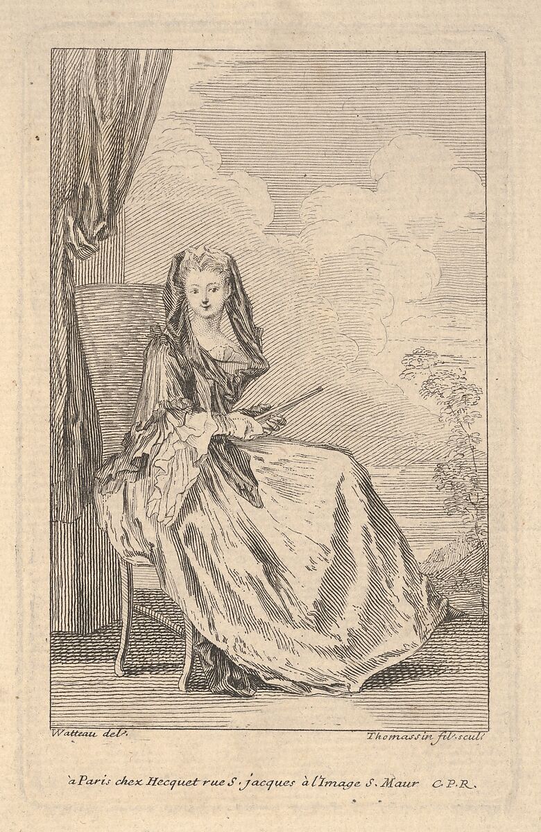 A seated woman holding a closed fan before a drawn curtain, a tree and sky beyond, Henri Simon Thomassin (French, Paris 1687–1741), Etching with engraving 