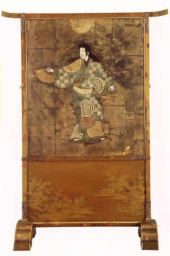 Freestanding Screen with Dancer, Ink, color, and gold on gilt paper, mounted on a lacquered screen, Japan 