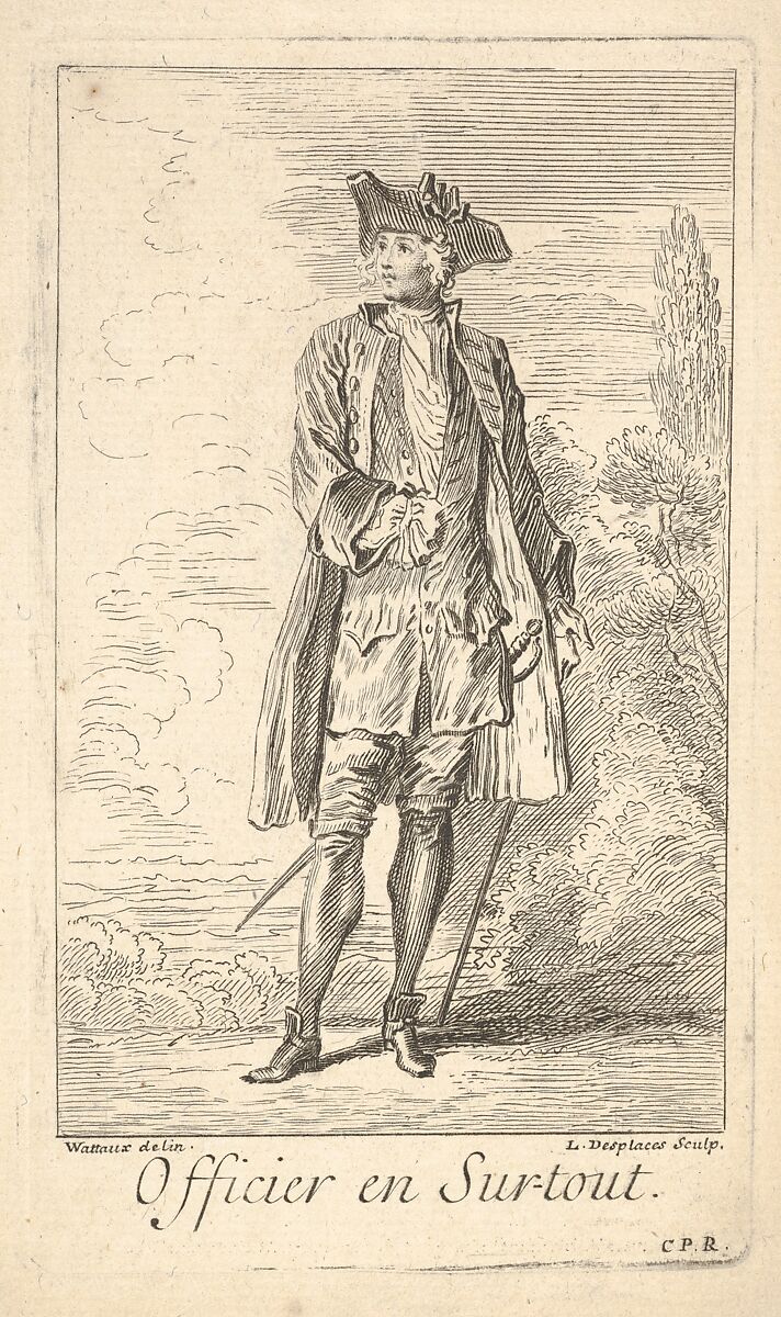 Man in officer's dress, with sword hanging at left hip, shown in frontal view with his head turned toward the left, trees beyond, Louis Desplaces (French, Paris 1682–1739 Paris), Etching with engraving 
