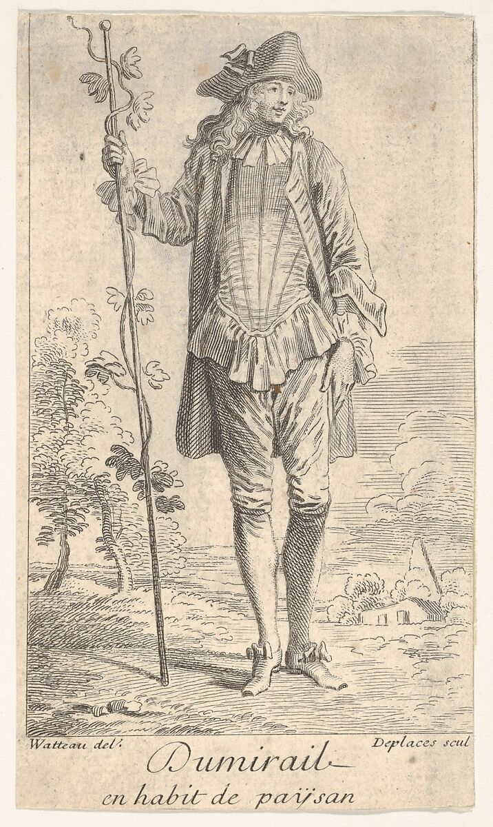 Man in tricorn hat and overcoat, shown in frontal view and holding a staff with a winding vine, landscape with trees beyond, Louis Desplaces (French, Paris 1682–1739 Paris), Etching with engraving 