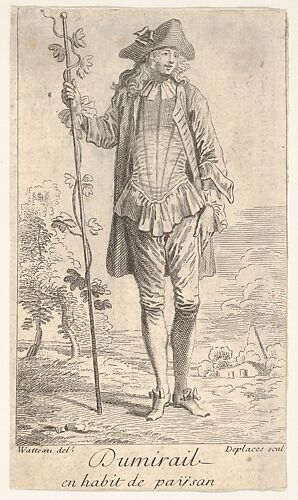 Man in tricorn hat and overcoat, shown in frontal view and holding a staff with a winding vine, landscape with trees beyond