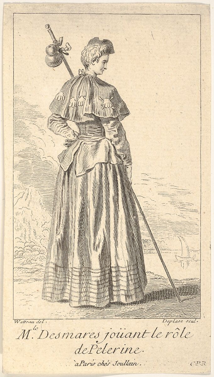 Actress Charlotte Desmares playing the role of a pilgrim, shown from behind with her head turned toward the right, she holds a walking stick, scallop shells adorn her cape, Louis Desplaces (French, Paris 1682–1739 Paris), Etching with engraving 