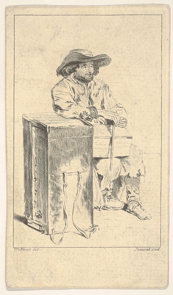 Seated man with box in his lap, he rests his right elbow on a taller box, Edmé Jeaurat (French, Vermenton 1688–1738 Paris), Etching with engraving 
