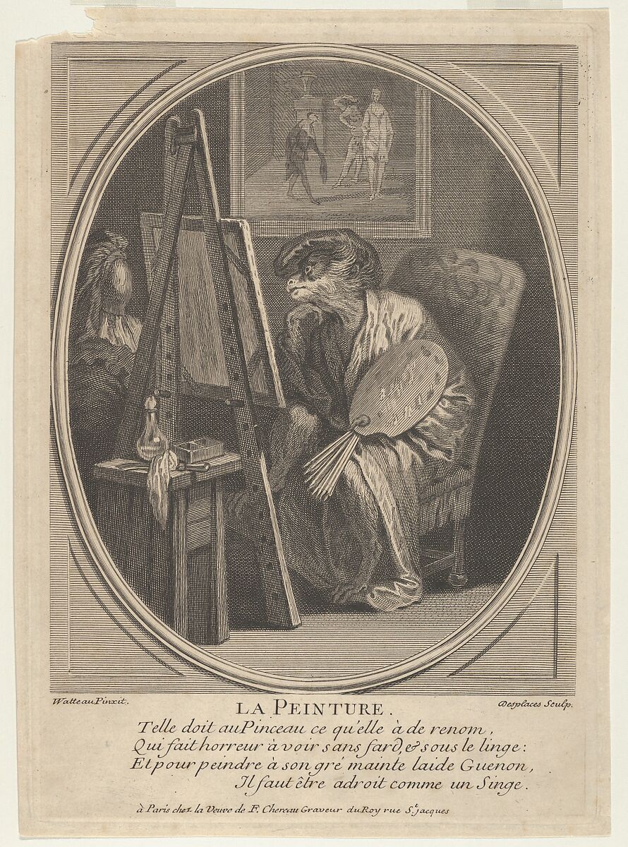 Painting (La Peinture): a monkey seated at an easel, dressed in a robe and beret and holding a painter's palette, a framed painting hanging on the wall beyond, Louis Desplaces (French, Paris 1682–1739 Paris), Etching and engraving 