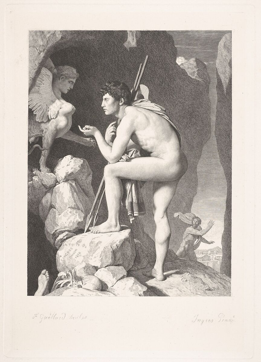 Oedipus and the Sphinx, after Ingres, Claude-Ferdinand Gaillard (French, Paris 1834–1887 Paris), Engraving on heavy wove paper 