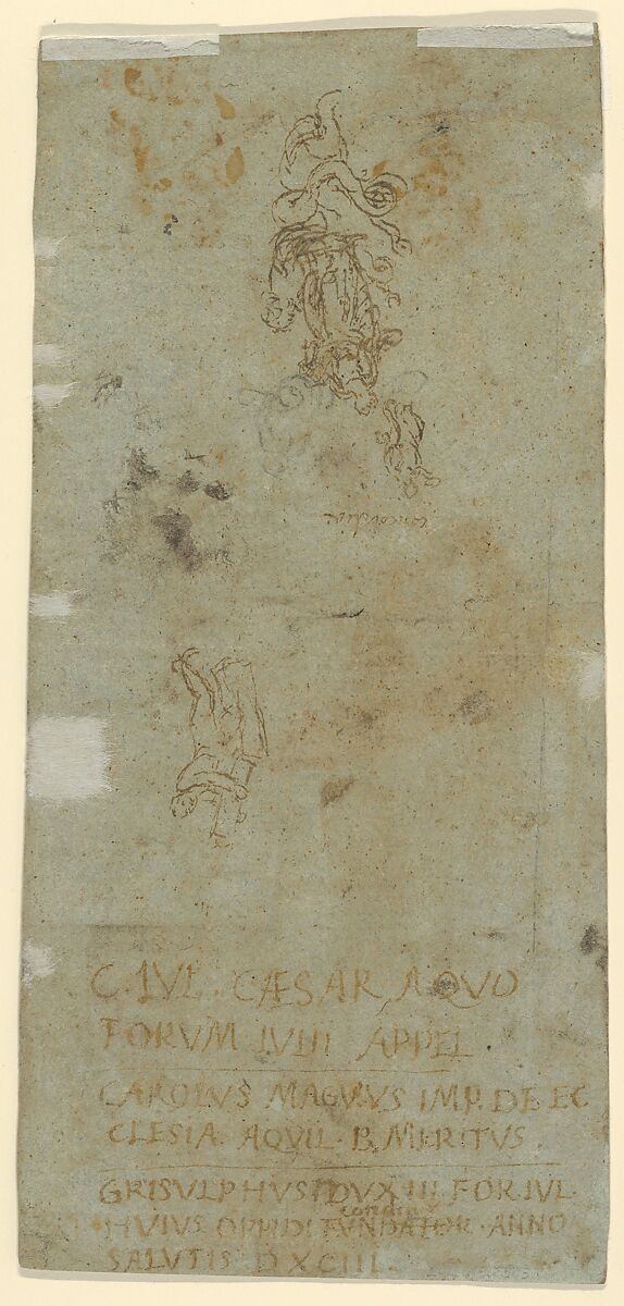 Figure in Roman Dress (Publius Cornelius Scipio Africanus) and Study of Two Helmets (recto); Sketches and Latin Inscription (verso), Anonymous, Italian, 16th century, Pen and brown ink, brush and brown wash, white gouache, over black chalk, squared in black chalk and brown ink (recto); pen and brown ink (verso)