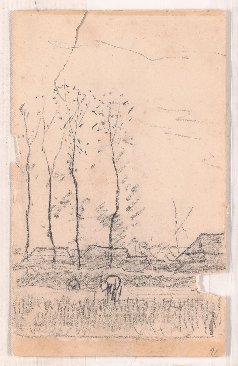 Landscape with Women Working in a Field (recto); Sketch of Landscape with Person on a Path (verso), Anton Mauve (Dutch, Zaandam 1838–1888 Arnhem), Charcoal
