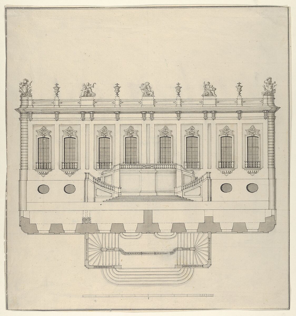Design for a Palace Façade, Anonymous  , Italian 18th century, Pen and brown ink, brush with gray-brown wash, over black chalk (or graphite) 