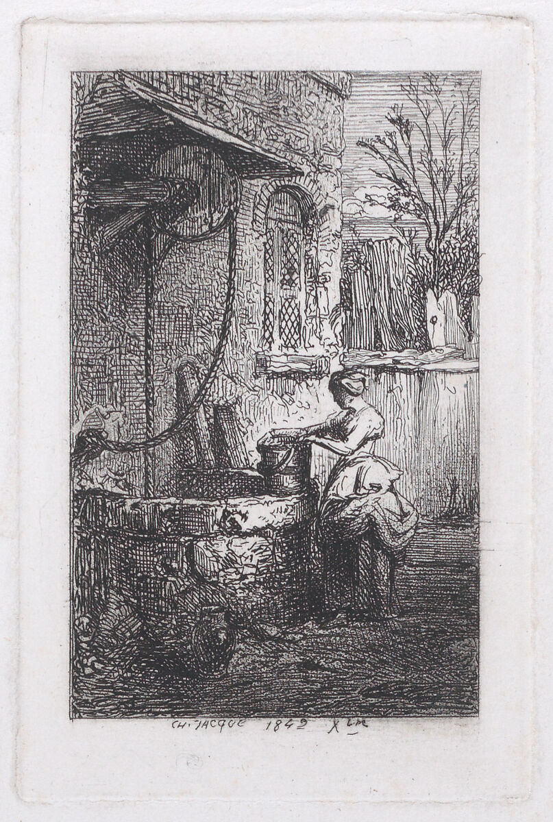 Ferme au puits, Charles Jacque (French, Paris 1813–1894 Paris), Etching; third state of eight