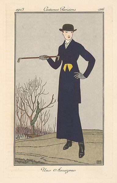 Une Amazone, from Costumes Parisiens, George Barbier (French, Nantes 1882–1932 Paris), Hand-colored commercial process illustration (pochoir) 